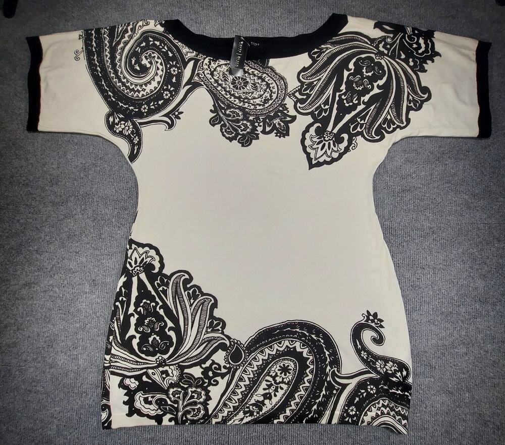 WHBM Black Cream Paisley Knit Tunic Mini Dress Sweater Top Size XL NWT